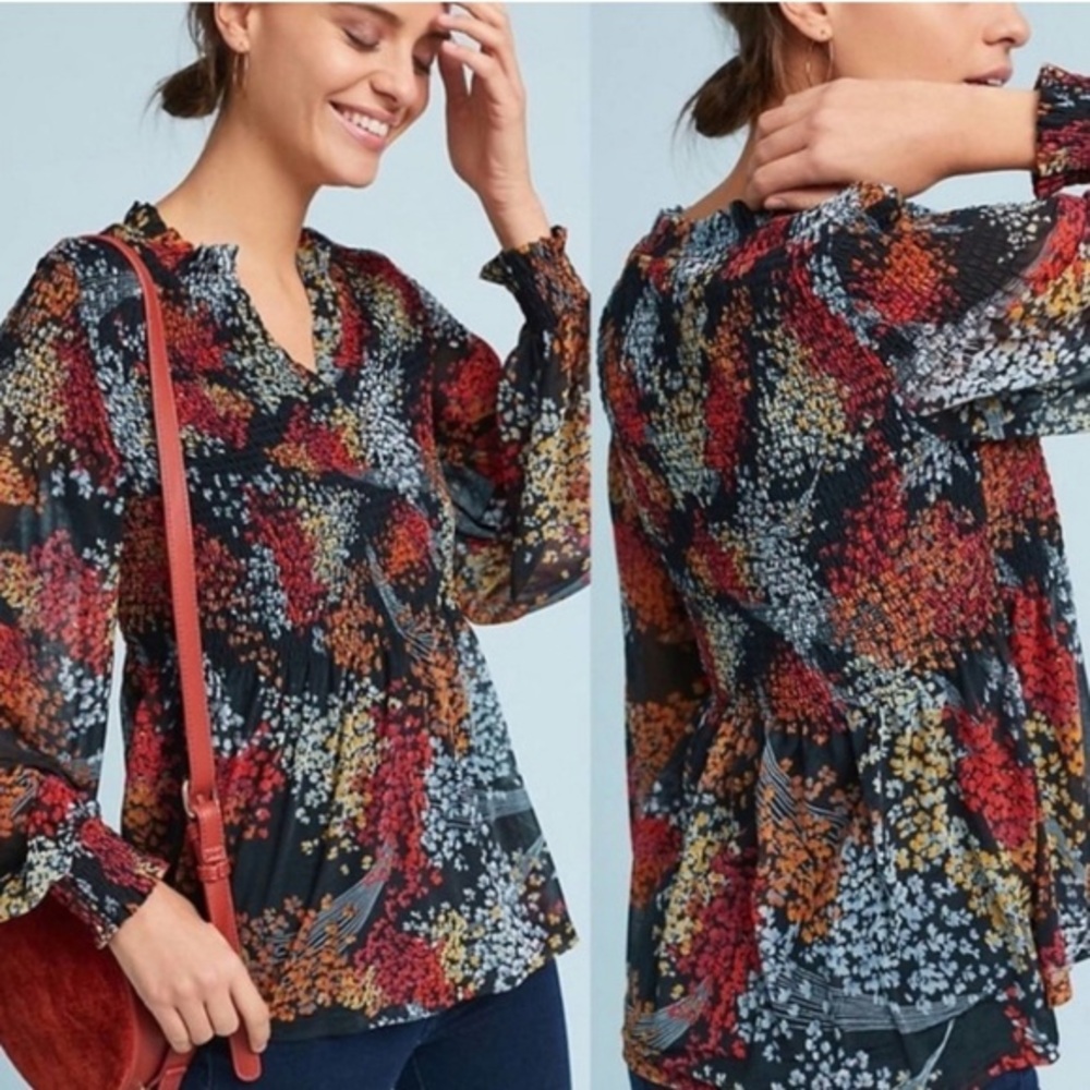 ANTHROPOLOGIE Akemi + Kin Adria Smocked Floral Blouse fall winter top size large